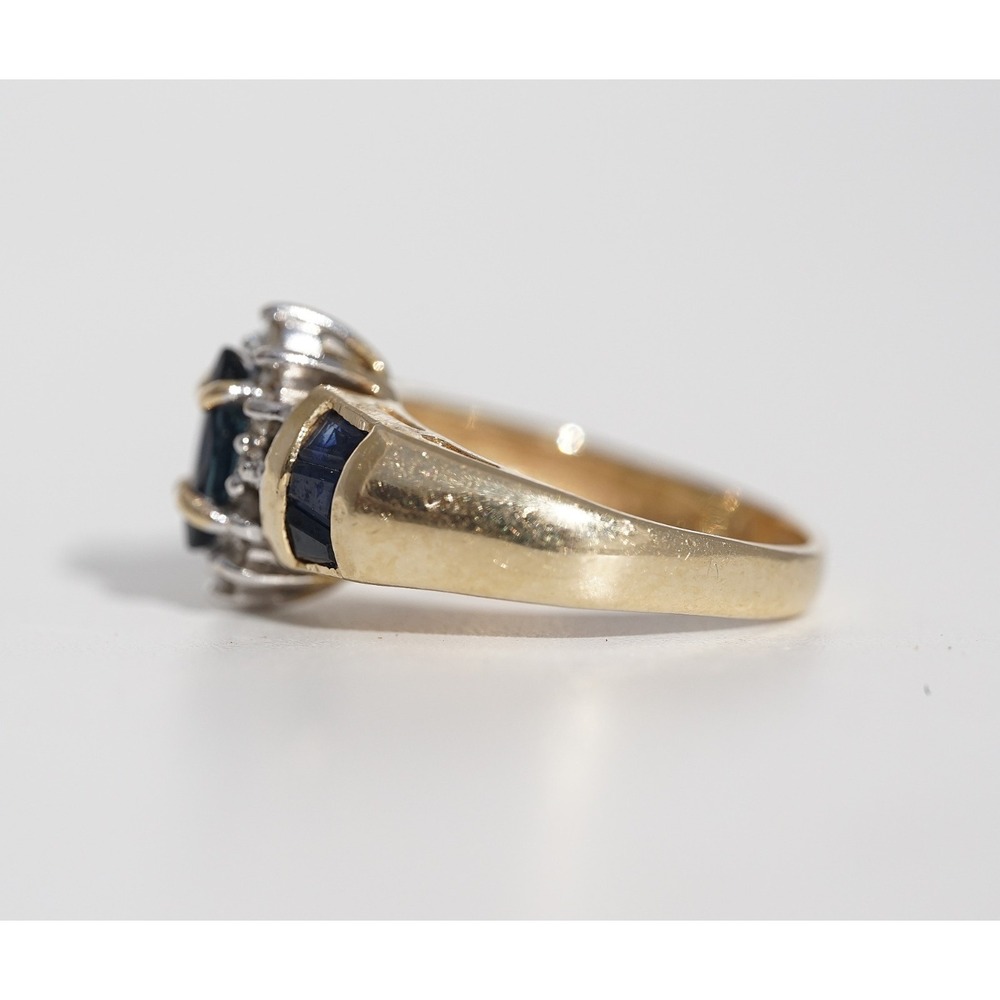 Vintage 14k Solid Yellow Gold Natural Blue‎ Sapphire & Diamond Ring Size 4 Halo - Picture 8 of 10